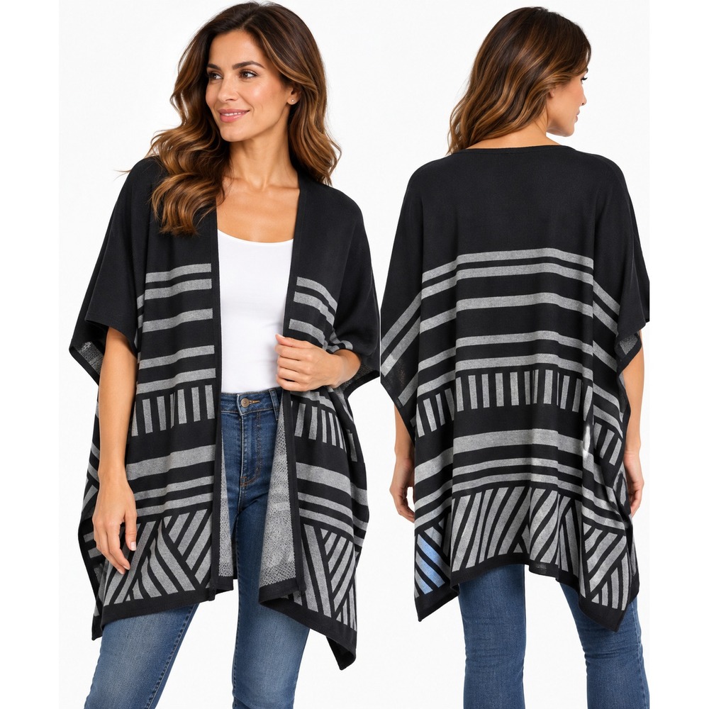 Mossimo Geometric Striped Open Front Cardigan Women S/M Black Gray Knit Wrap nwt